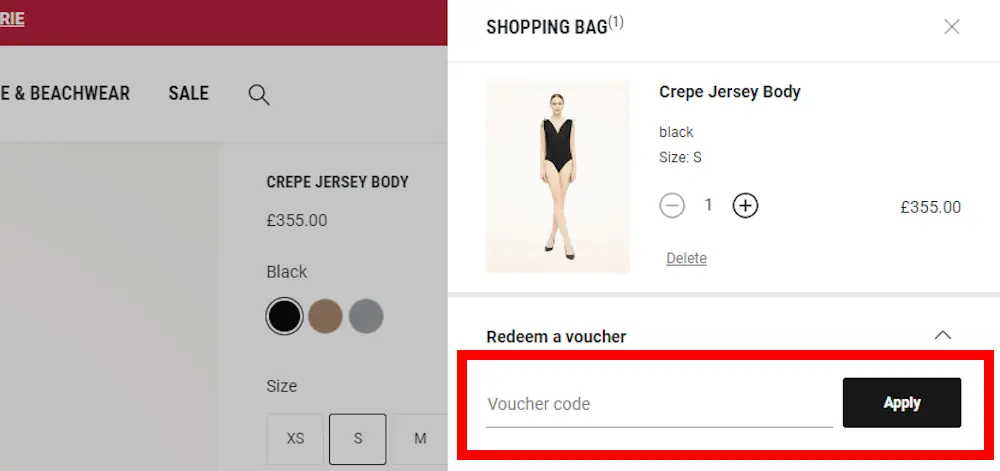 Instructions how to enter a discount code for Wolford on www.wolford.com