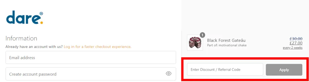 Screenshot showing where to apply a dare Motivation promo code during checkout on www.daremotivation.com.