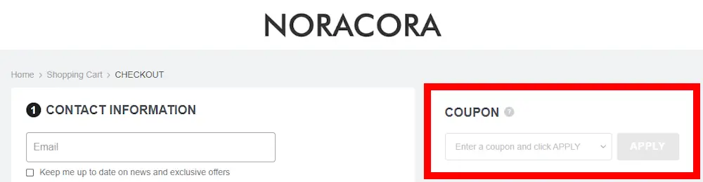 Screenshot showing where to apply a Noracora promo code at checkout on www.noracora.com