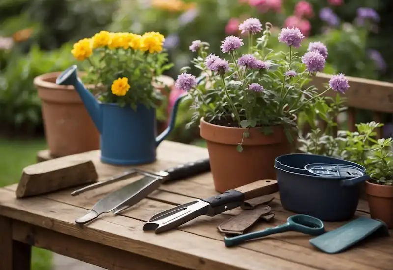 A table with 10 essential garden tools neatly arranged on it, including a trowel, pruners, gloves, watering can, and shovel. Nearby, a lush garden with various plants and flowers in bloom