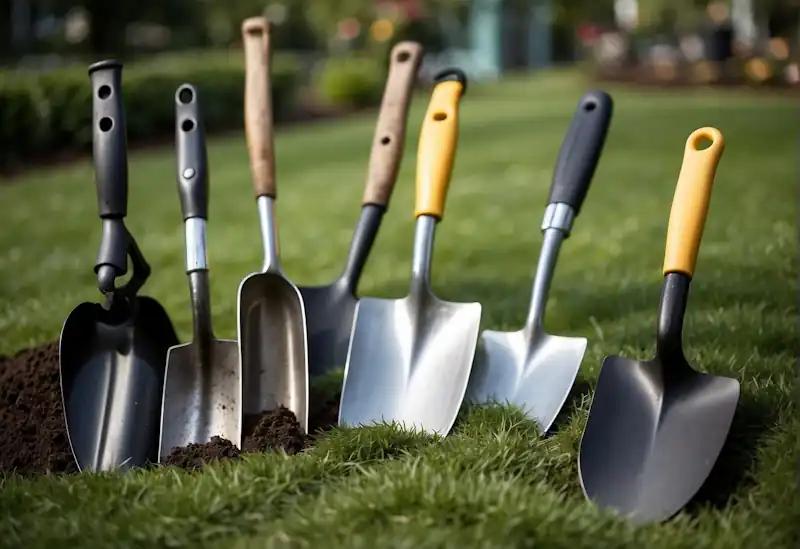 A shovel, rake, hoe, trowel, pruners, gloves, watering can, wheelbarrow, hand cultivator, and garden fork lay on the grass