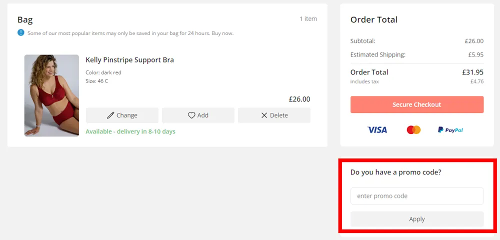 Instructions how to enter a verified discount code for Ulla Popken on ullapopken.co.uk