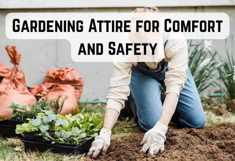Gardening attire for comfort and safety, including gloves, sun hat, knee pads, and sturdy boots laid out on a garden path