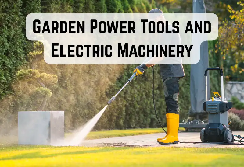 Pressure washers and lawn mowers set up in a garden, ideal for efficient outdoor cleaning and lawn maintenance on a budget