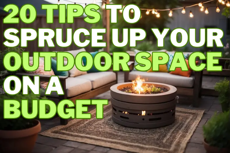 A cosy outdoor space with string lights, potted plants, and colourful cushions on a budget-friendly patio furniture set. A small fire pit and a DIY herb garden add charm to the space