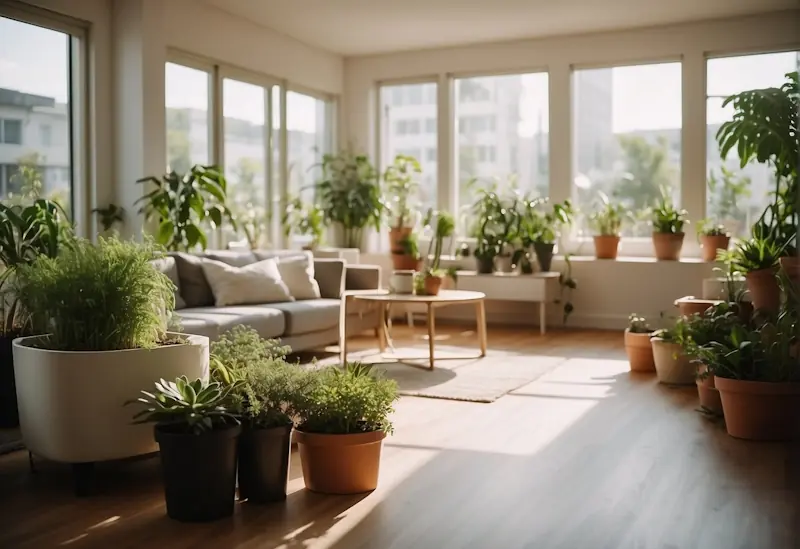 A bright, airy living room with potted plants, natural light, eco-friendly decor, and open windows. Recycling bins and reusable products are visible