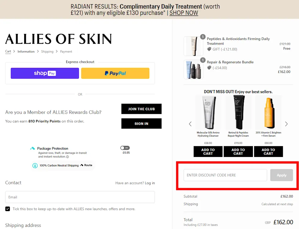 Screenshot showing where to apply a Allies of Skin code on uk.allies.shop.