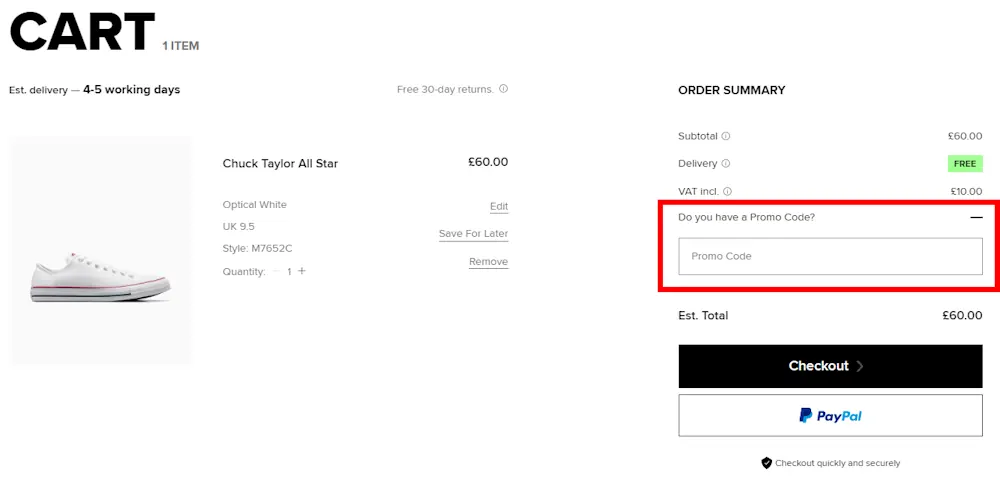 Instructions on how to enter a Converse discount code at checkout