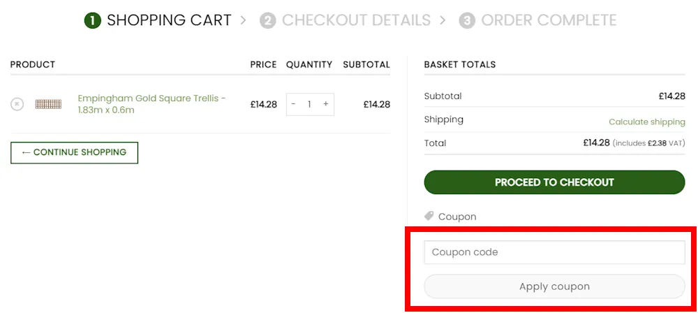 Instructions on where to enter the David Musson Fencing discount code on the website to receive the discount for making a purchase.