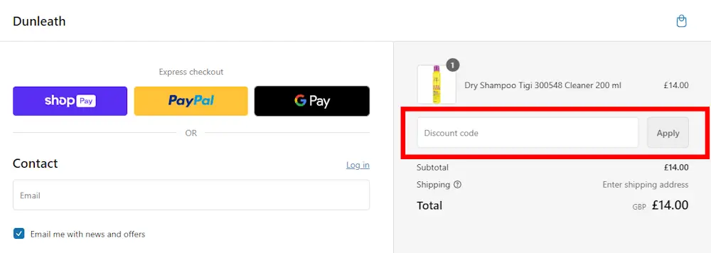Screenshot showing where to apply a dunleath code at checkout on dunleath.com