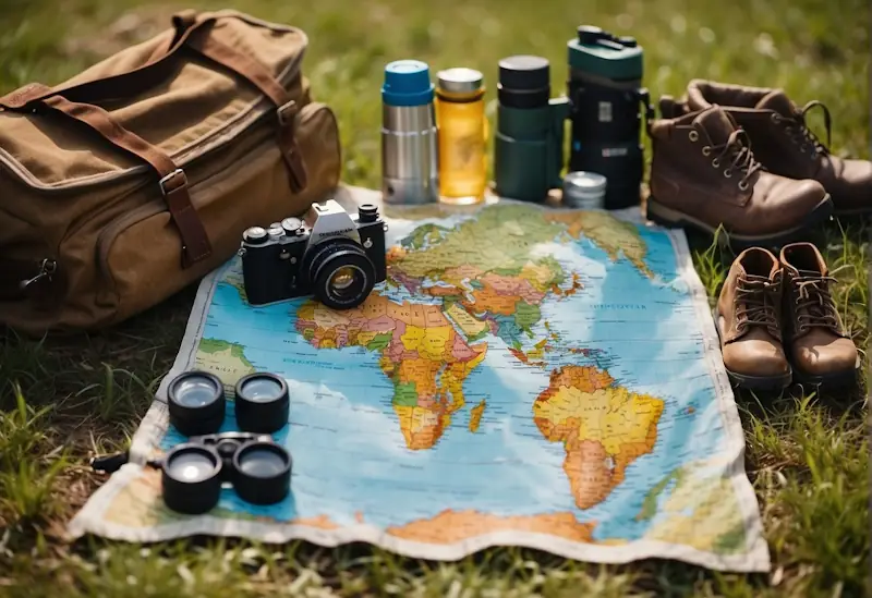 A colourful map spread out on a picnic blanket, surrounded by hiking boots, a backpack, and a compass. A magnifying glass and binoculars lay nearby, all ready for a summer adventure