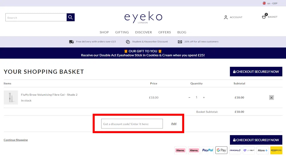 Instructions on where to enter the Eyeko discount code on the website to receive a discount for making a purchase.