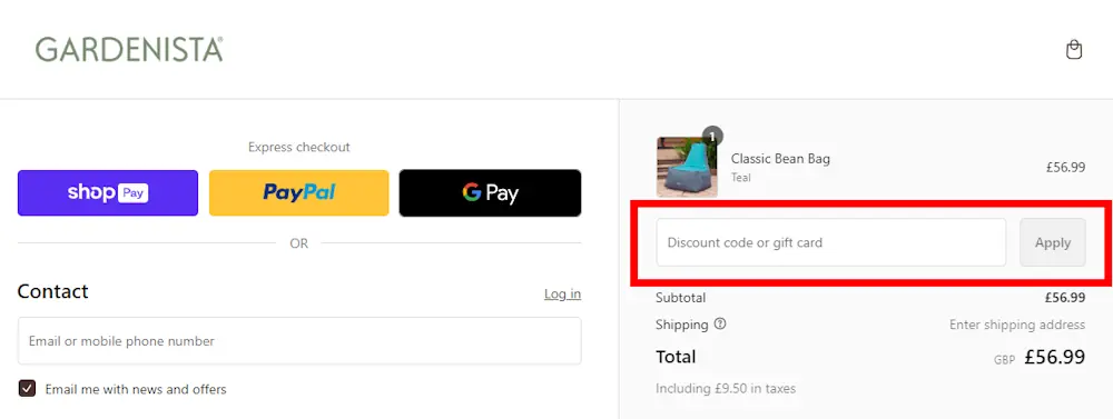 Screenshot showing where to apply a Gardenista promo code during checkout on gardenistauk.com.