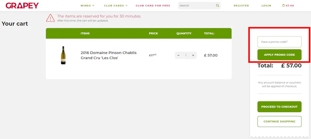 Screenshot showing where to apply a Grapey discount code during checkout on grapey.co.uk.