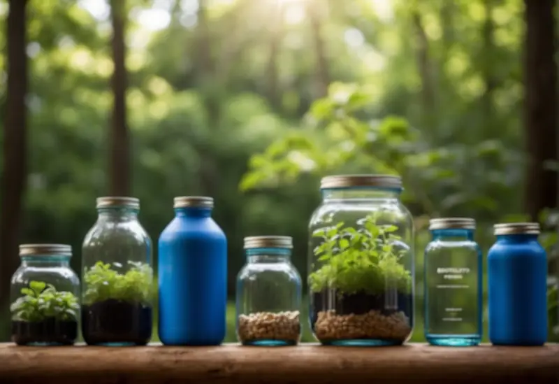 A lush green forest with a clear blue sky above. In the foreground, a variety of eco-friendly savings methods are displayed, such as solar panels, reusable water bottles, and a garden with fresh produce