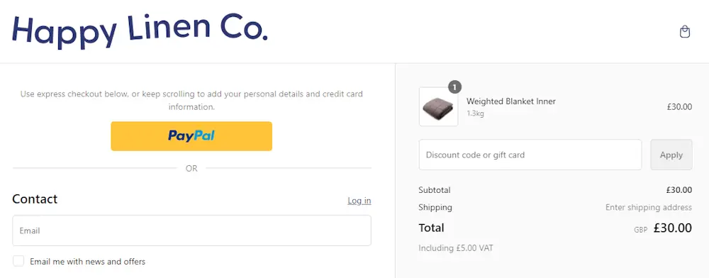 Instructions on where to enter our Happy Linen Company voucher code at checkout.