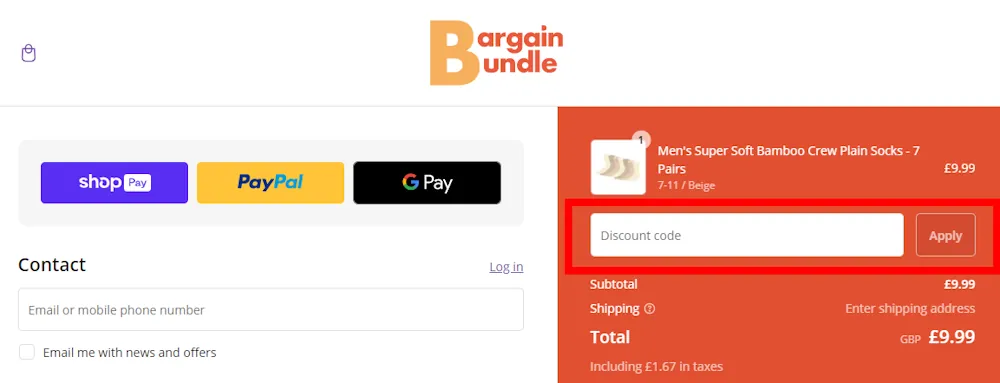 Screenshot showing where to apply a Bargain Bundle code at checkout on bargainbundle.co.uk.