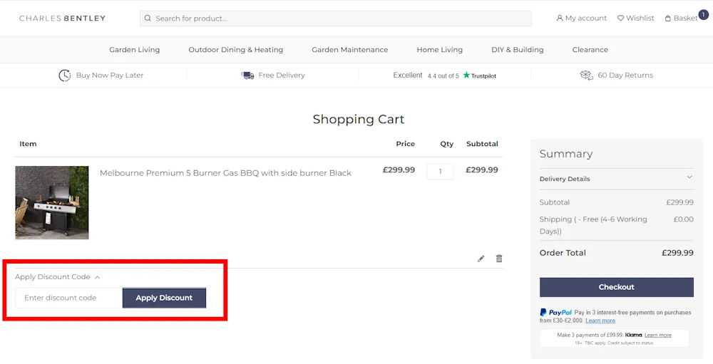 Screenshot showing where to apply a Charles Bentley promo code during checkout on charlesbentley.com.