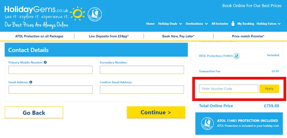 Screenshot showing where to apply a Holiday Gems promo code during checkout on www.holidaygems.co.uk.