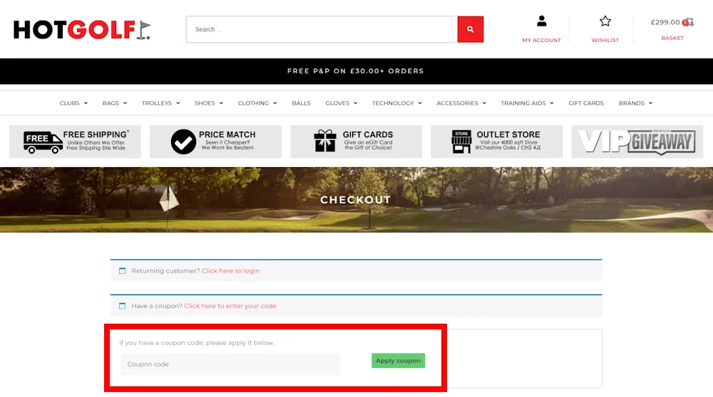 Instructions on where to enter the Hotgolf voucher code at checkout on hotgolf.co.uk
