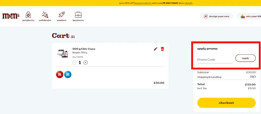 Instructions on where to enter the M&M's voucher code at checkout