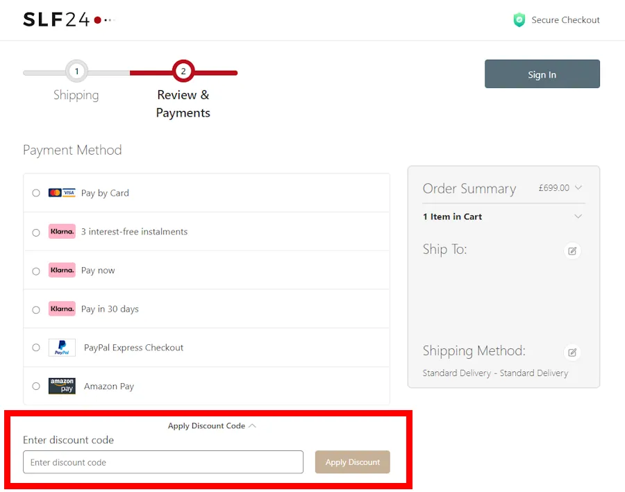 Screenshot showing where to apply a SLF24 discount code during checkout on slf24.co.uk.