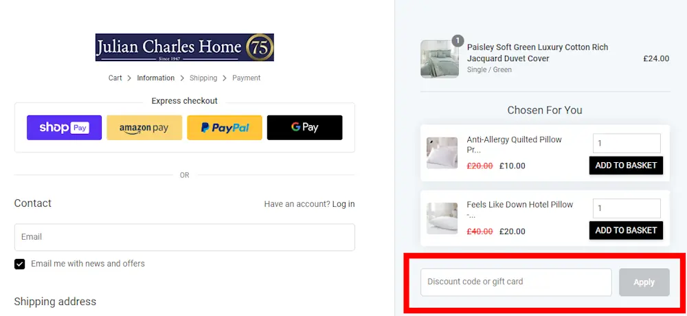Screenshot showing where to apply a Julian Charles promo code during checkout on juliancharles.co.uk