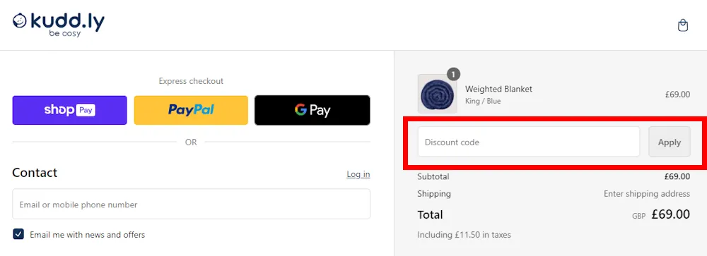 Instructions on where to enter our Kudd.ly voucher code at checkout.
