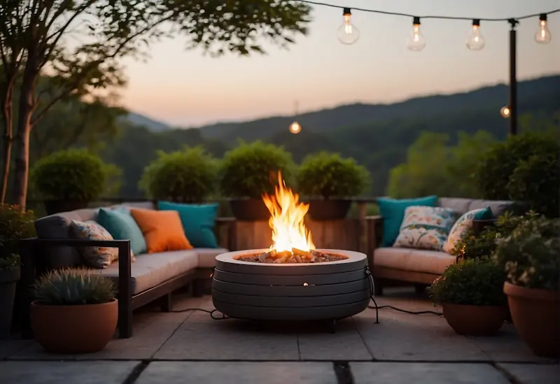 A cosy outdoor space with string lights, potted plants, and colourful cushions. A small fire pit in the centre adds warmth and ambiance
