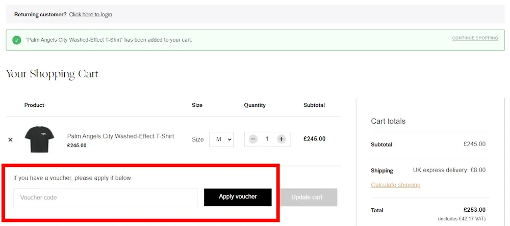 Screenshot showing where to apply a MINOX Boutique promo code during checkout on www.minoxboutique.co.uk.