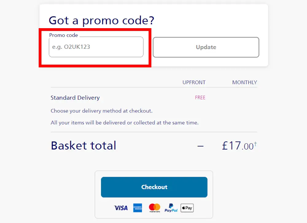 Instructions on where to enter our O2 Mobile Broadband voucher code at checkout.