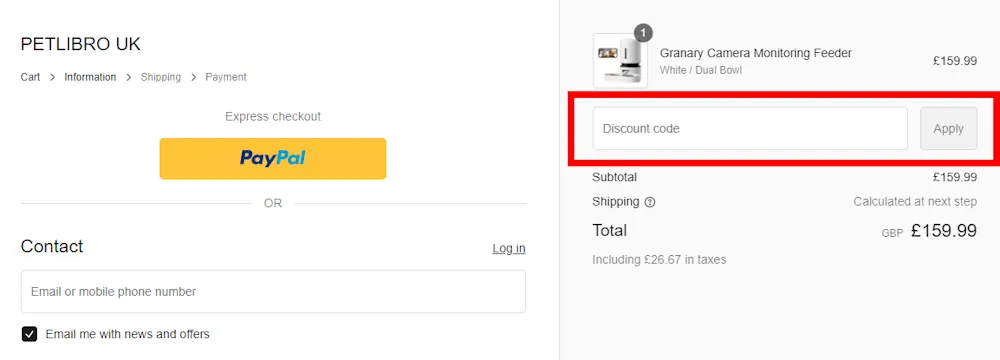 How to enter a Petlibro voucher code in the checkout area on uk.petlibro.com