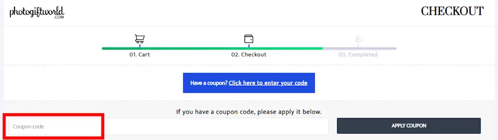 Instructions on where to enter our PhotoGiftWorld voucher code at checkout.