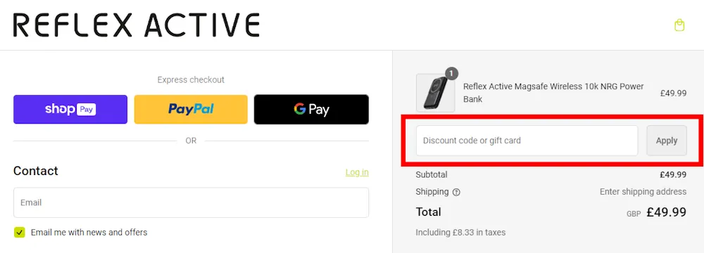 Instructions on where to enter our Reflex Active voucher code at checkout.