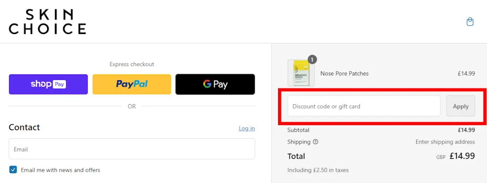 Instructions on where to enter the SkinChoice voucher code on www.skinchoice.com