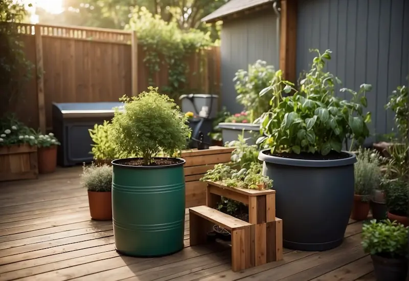 A backyard garden with recycled planters, solar-powered lights, and a compost bin. A rain barrel collects water for the garden. A small DIY herb garden and a repurposed outdoor seating area complete the eco-friendly space