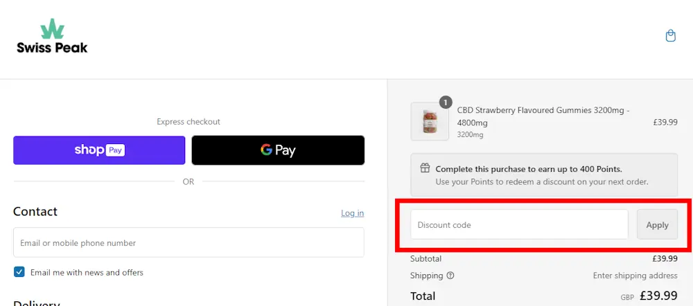 Image on how to enter a Swiss Peak CBD voucher code on swisspeakcbd.com