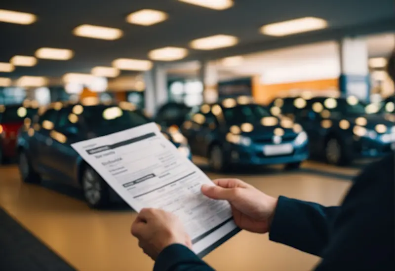 A customer reading rental terms and entering discount codes at a Budget Car Rental location in the UK