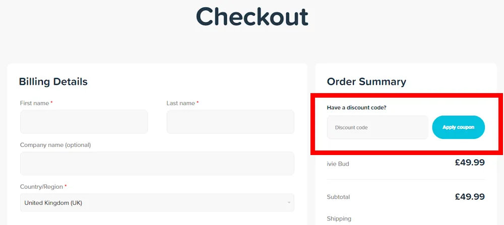 Instructions on where to enter the ivie discount code on the website to receive a discount for making a purchase.
