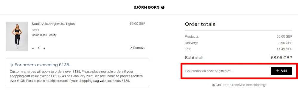 Instructions on where to enter our Bjorn Borg voucher code at checkout.