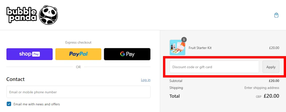 Instructions on where to enter the Bubble Panda discount code on the https://bubblepanda.com/ website to receive a discount for making a purchase.