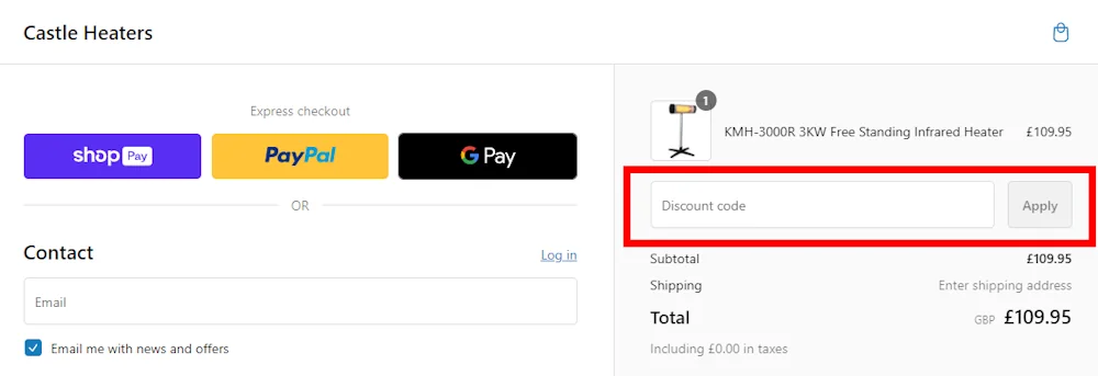Screenshot showing where to apply a Castle Heaters promo code during checkout on castleheaters.co.uk.