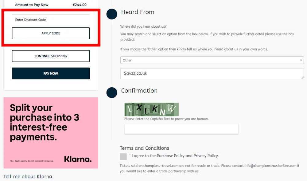 Screenshot where to put your Champions Travel promo code on champions-travel.com