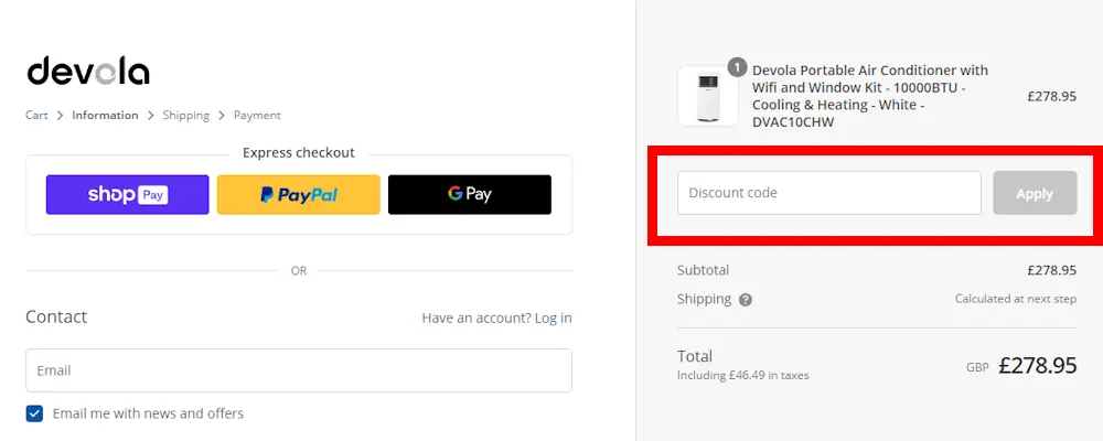 Instructions on how to use a Devola discount code at checkout on devola.co.uk