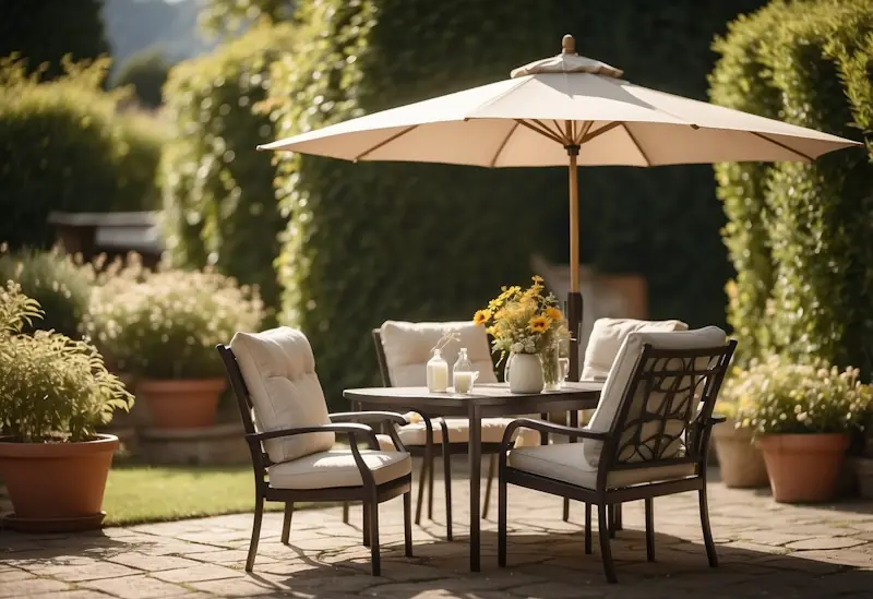 A sunny garden with a table, chairs, and a parasol. A discount code is displayed on a sign next to the furniture