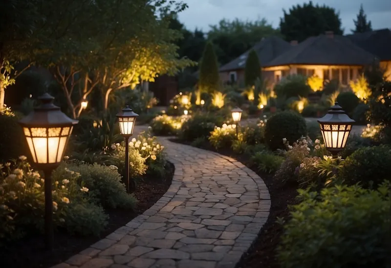A garden at dusk with outdoor lights illuminating the pathway and highlighting the features of the landscape. The lights are strategically placed to create a warm and inviting atmosphere