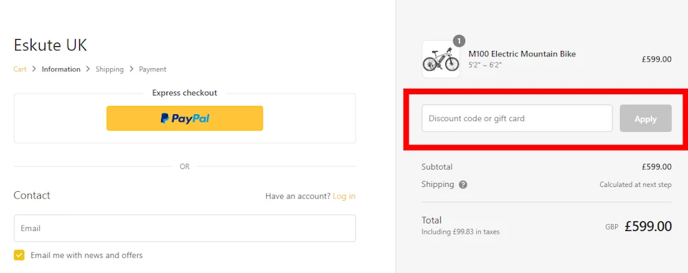 Screenshot showing where to apply a Eskute promo code during checkout on eskute.co.uk.