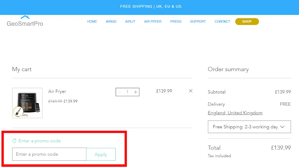 Screenshot showing where to apply a GeoSmartPro promo code during checkout on www.geosmartpro.com.