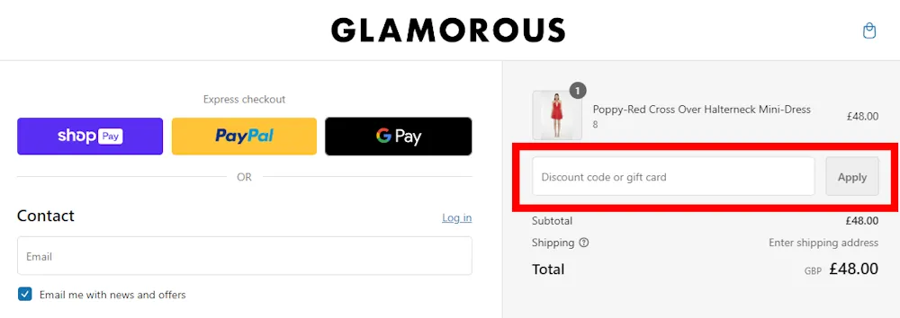 Screenshot showing where to apply a Glamorous promo code during checkout on glamorous.com