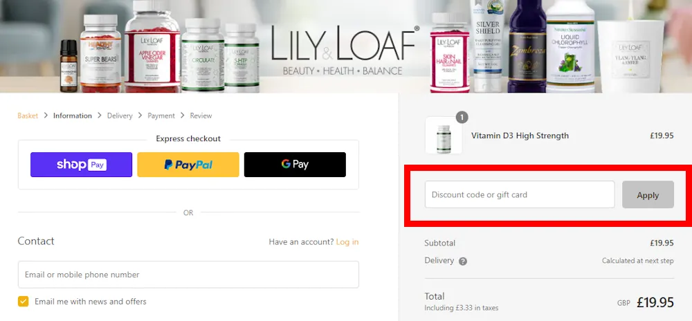 Image of how to enter a discount code for Lily & Loaf on lilyandloaf.com.